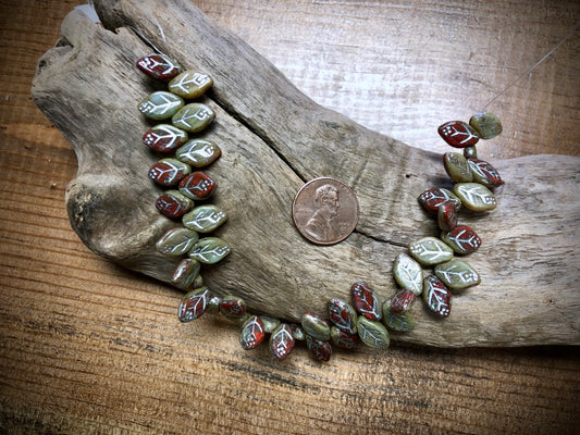 Czech Glass Leaves - Red & Sage Green - Silver Wash - 12mm x 7mm - 7.5"