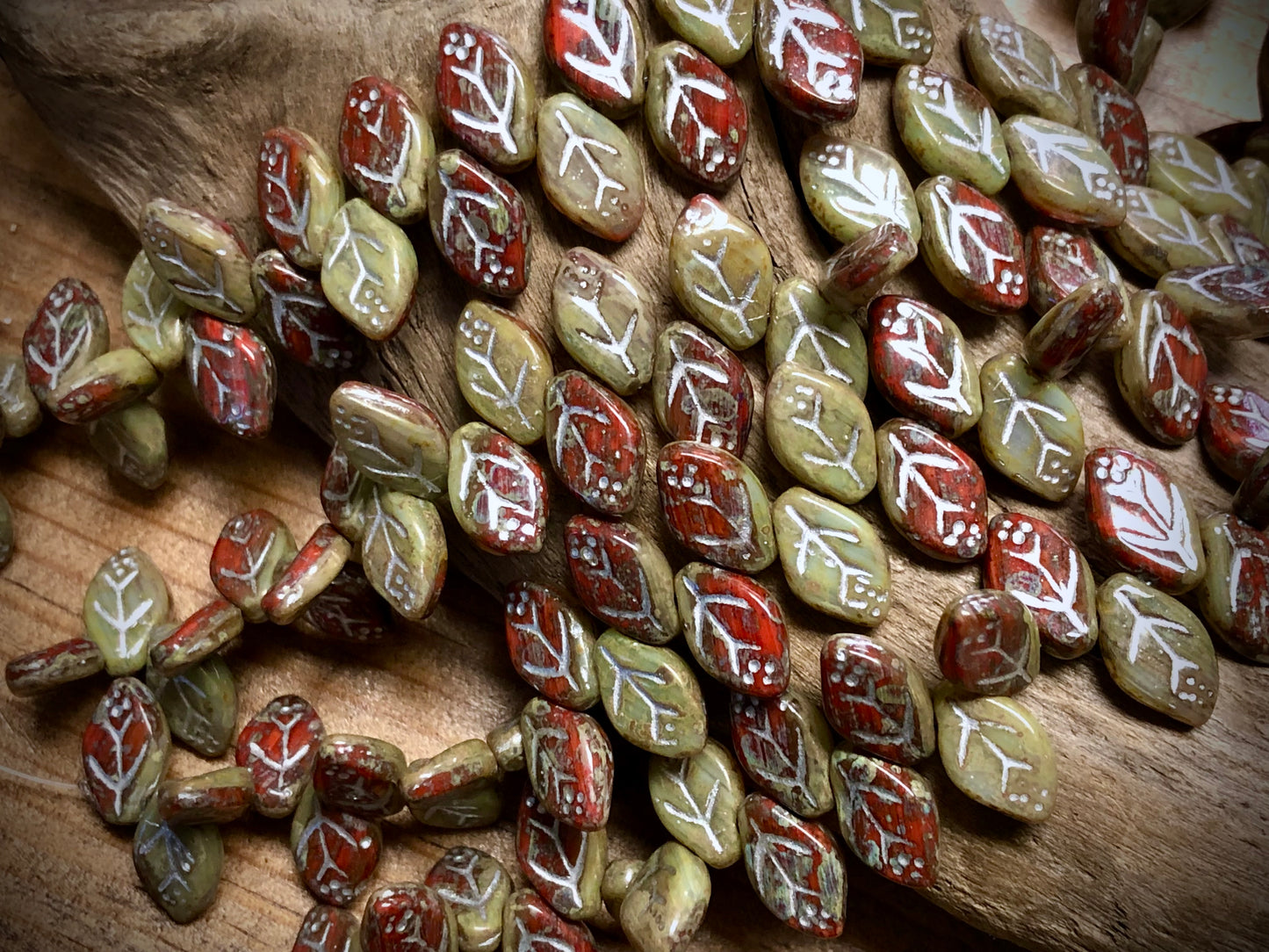 Czech Glass Leaves - Red & Sage Green - Silver Wash - 12mm x 7mm - 7.5"
