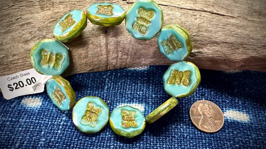 Czech Glass Butterfly Bead Strand - Coins - Seafoam Green - 18mm