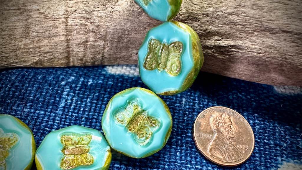Czech Glass Butterfly Bead Strand - Coins - Seafoam Green - 18mm