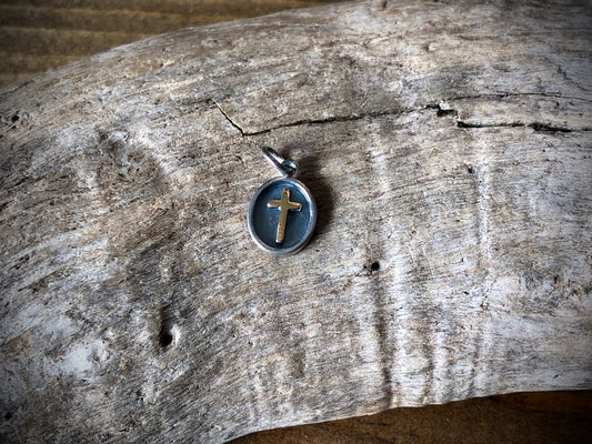 Sterling Shadow Box Charm with Bronze Cross