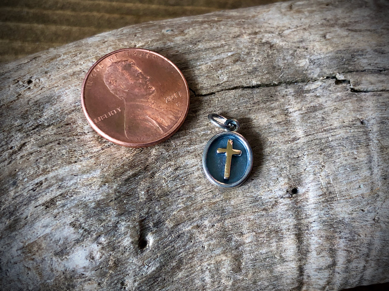 Sterling Shadow Box Charm with Bronze Cross