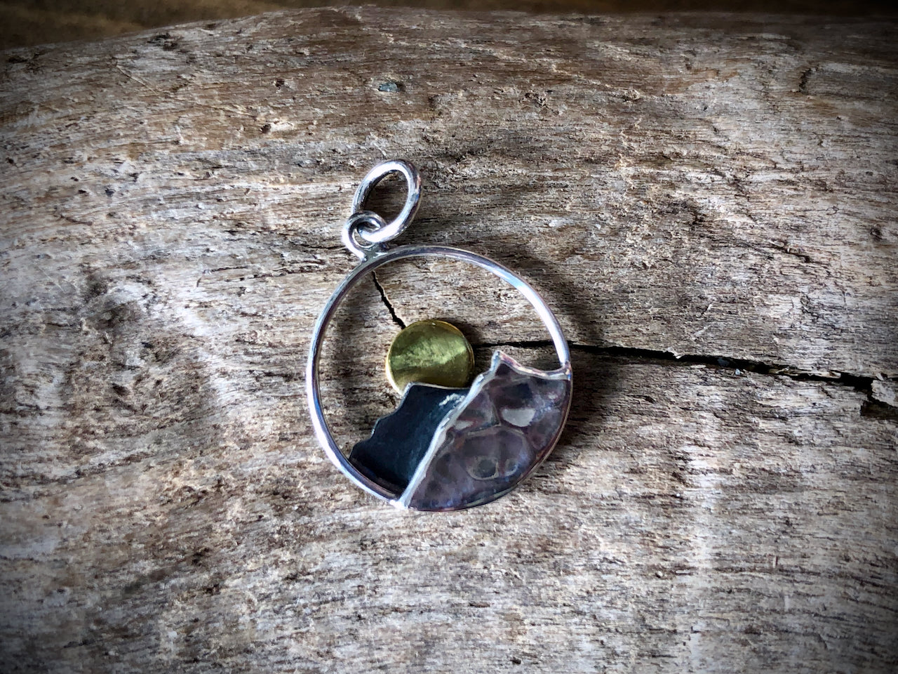 Sterling Mountain Range Pendant with Bronze Sun