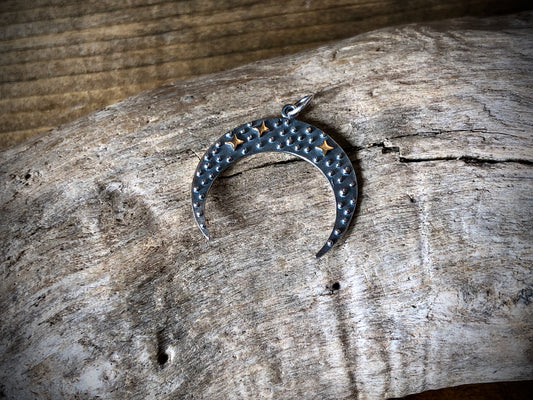 Sterling Moon Pendant with Bronze Stars