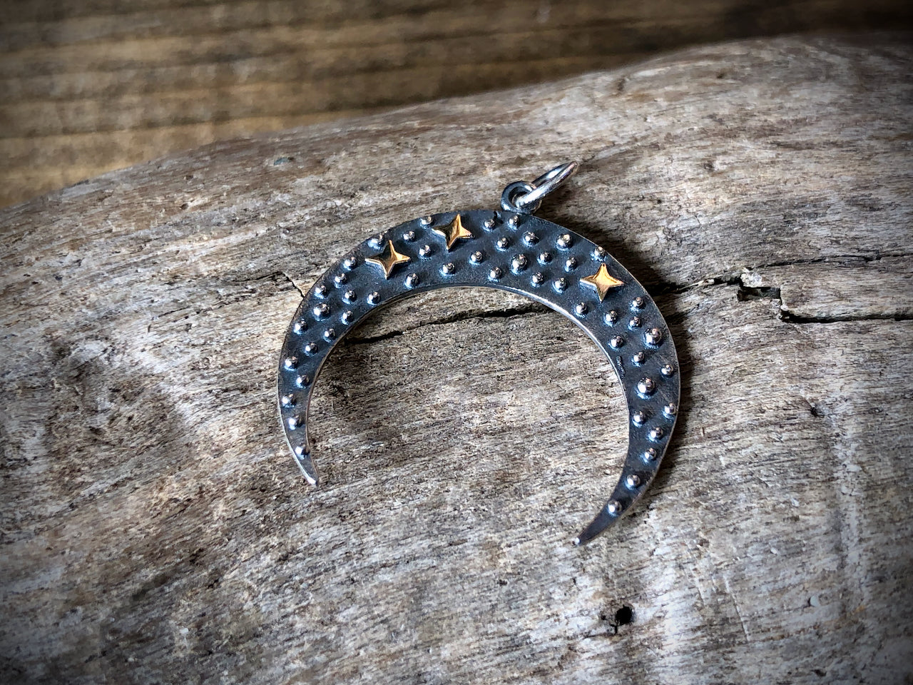 Sterling Moon Pendant with Bronze Stars