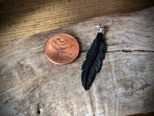 Hand Carved Black Wood Feather Pendant