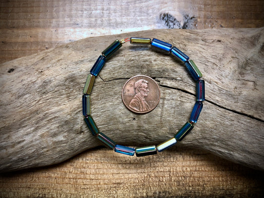 Fire Polished Vintage Czech Glass Strand - Blue Pentagon Tubes