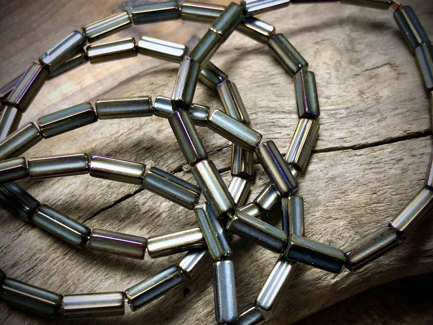 Fire Polished Vintage Czech Glass Strand - Grey Pentagon Tubes