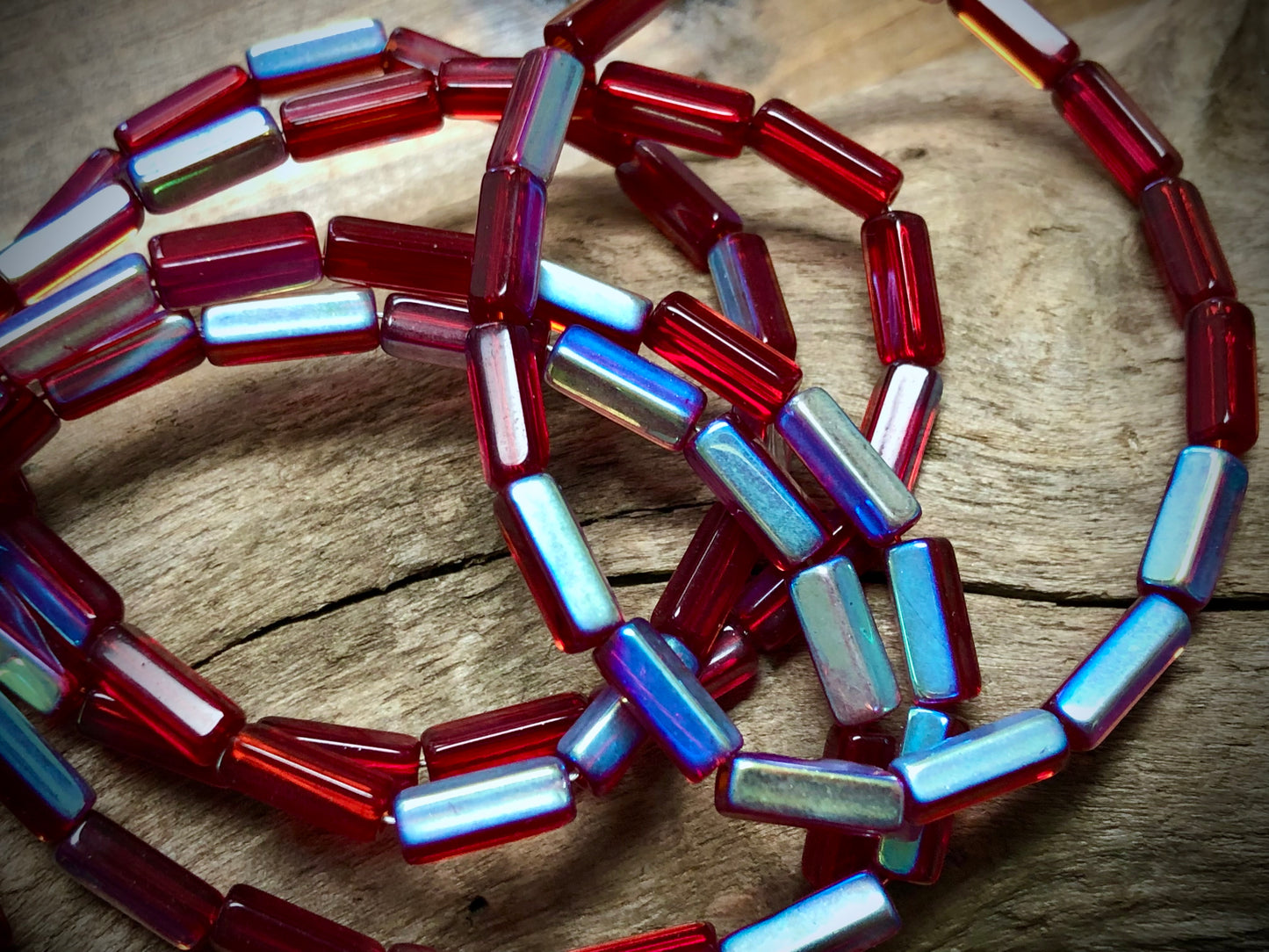 Fire Polished Vintage Czech Glass Strand - Red Pentagon Tubes
