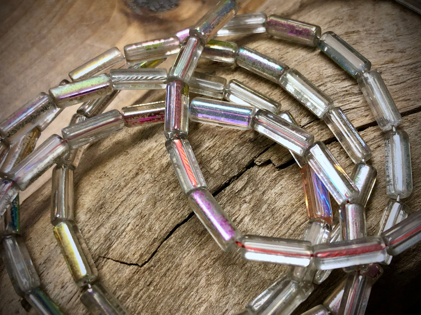 Fire Polished Vintage Czech Glass Strand - Clear Pentagon Tubes