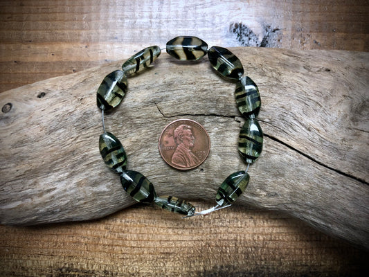 Vintage Czech Glass Strand - Green with Black Stripes