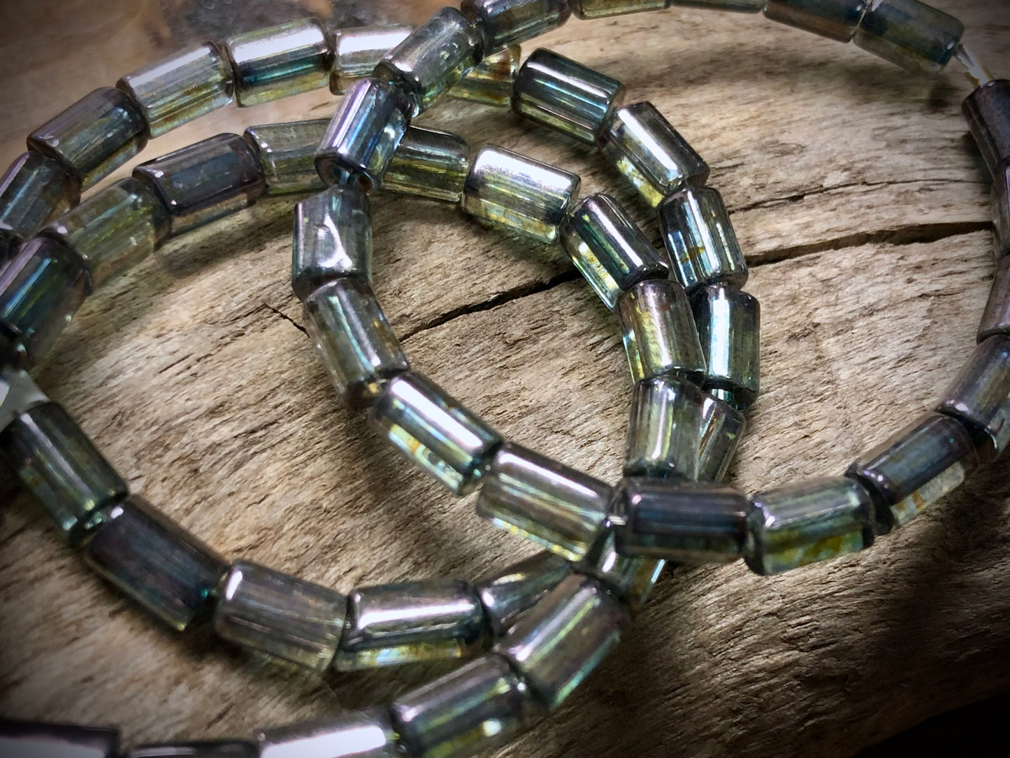 Fire Polished Vintage Czech Glass Strand - Green Tubes
