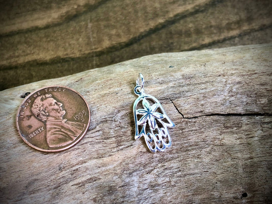 Hamsa Hand with Flower Charm - Silver Plated