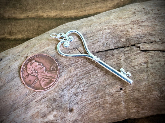 Heart Key Charm - Silver Plated Bronze