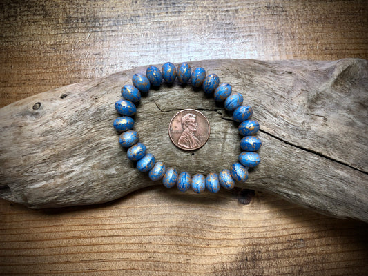 Czech Glass - Matte Blue and Gold Rondelles - 6mm x 8mm