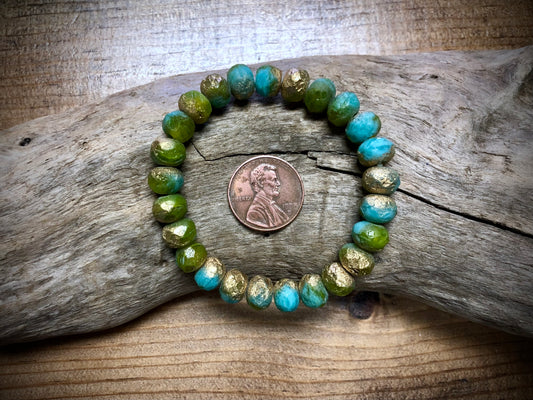 Czech Glass - Faceted Matte Teal Green and Gold Rondelles - 6mm x 8mm