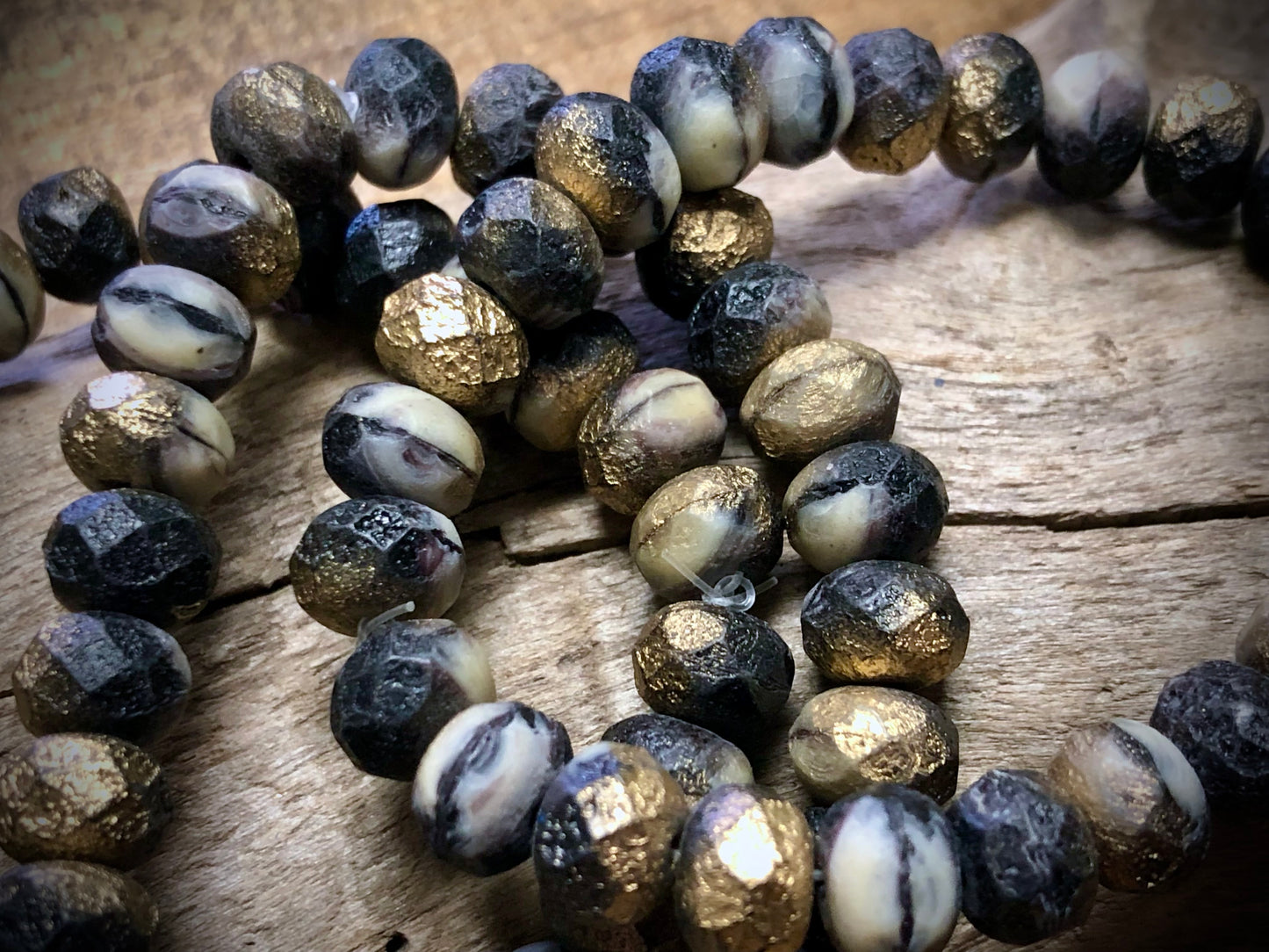 Czech Glass - Faceted Matte Black and Gold Rondelles - 6mm x 8mm