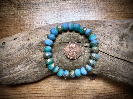 Czech Glass - Faceted Matte Blue and Gold Rondelles - 6mm x 8mm