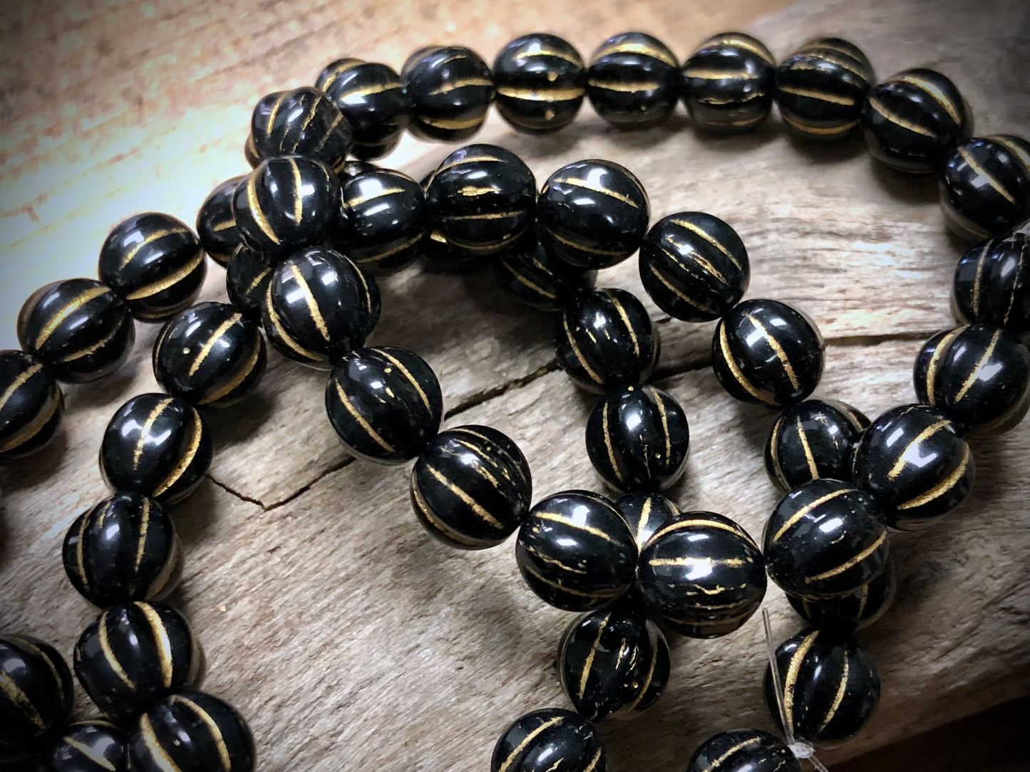 Czech Glass - Black Melons with Gold Wash - 8mm