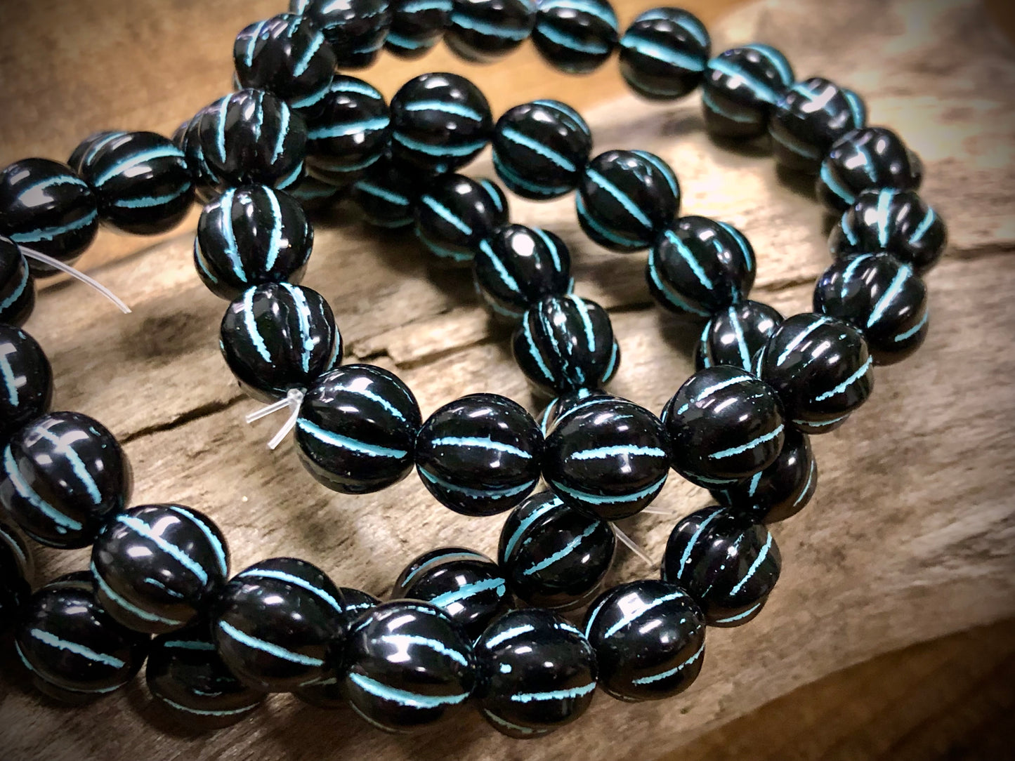 Czech Glass - Black Melons with Blue Wash - 8mm