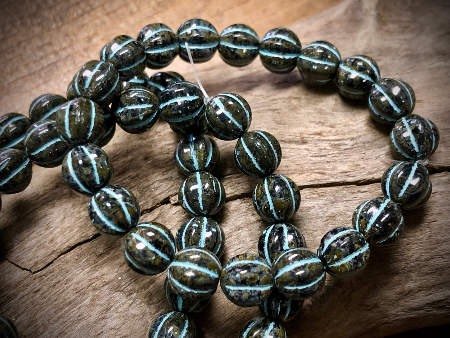 Czech Glass - Dark Speckled Melons with Blue Wash - 8mm