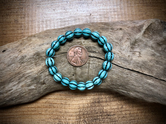 Czech Glass - Light Blue Melons with Black Wash - 8mm