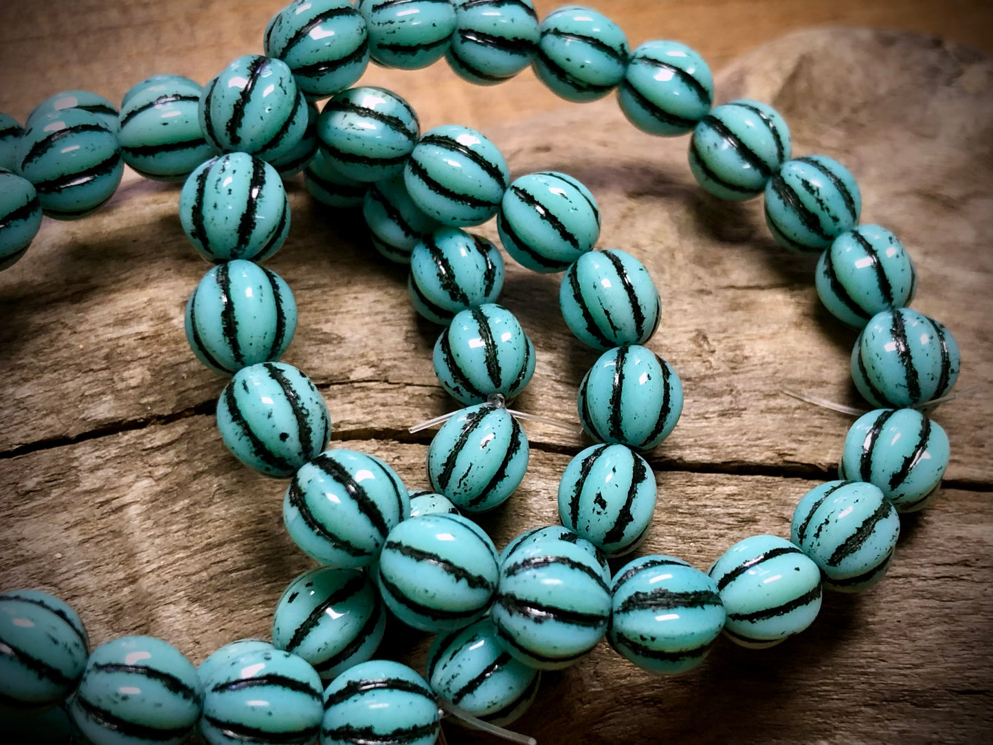 Czech Glass - Light Blue Melons with Black Wash - 8mm