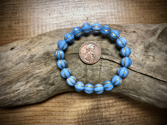 Czech Glass - Sky Blue Melons with Gold Wash - 8mm