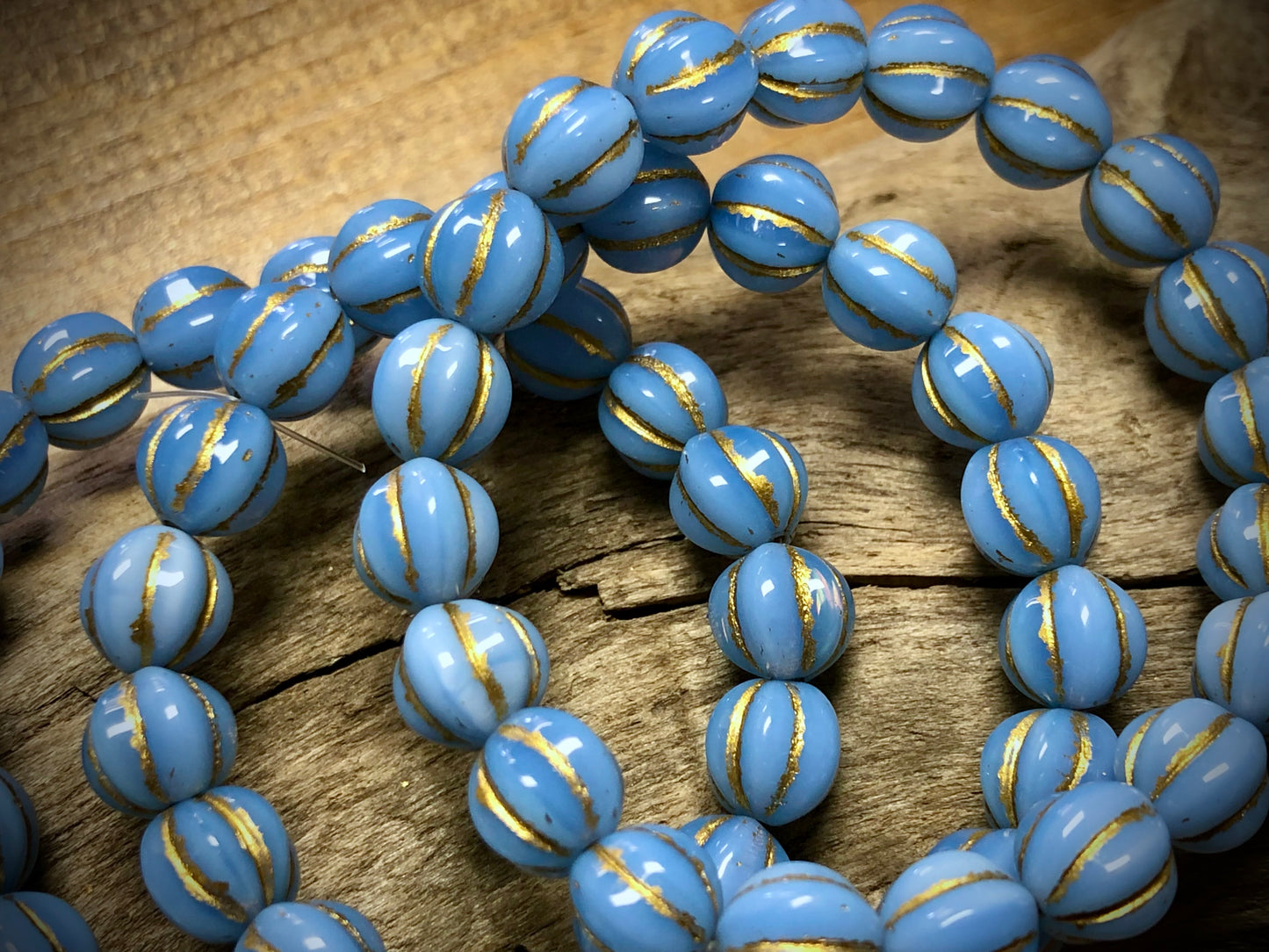 Czech Glass - Sky Blue Melons with Gold Wash - 8mm
