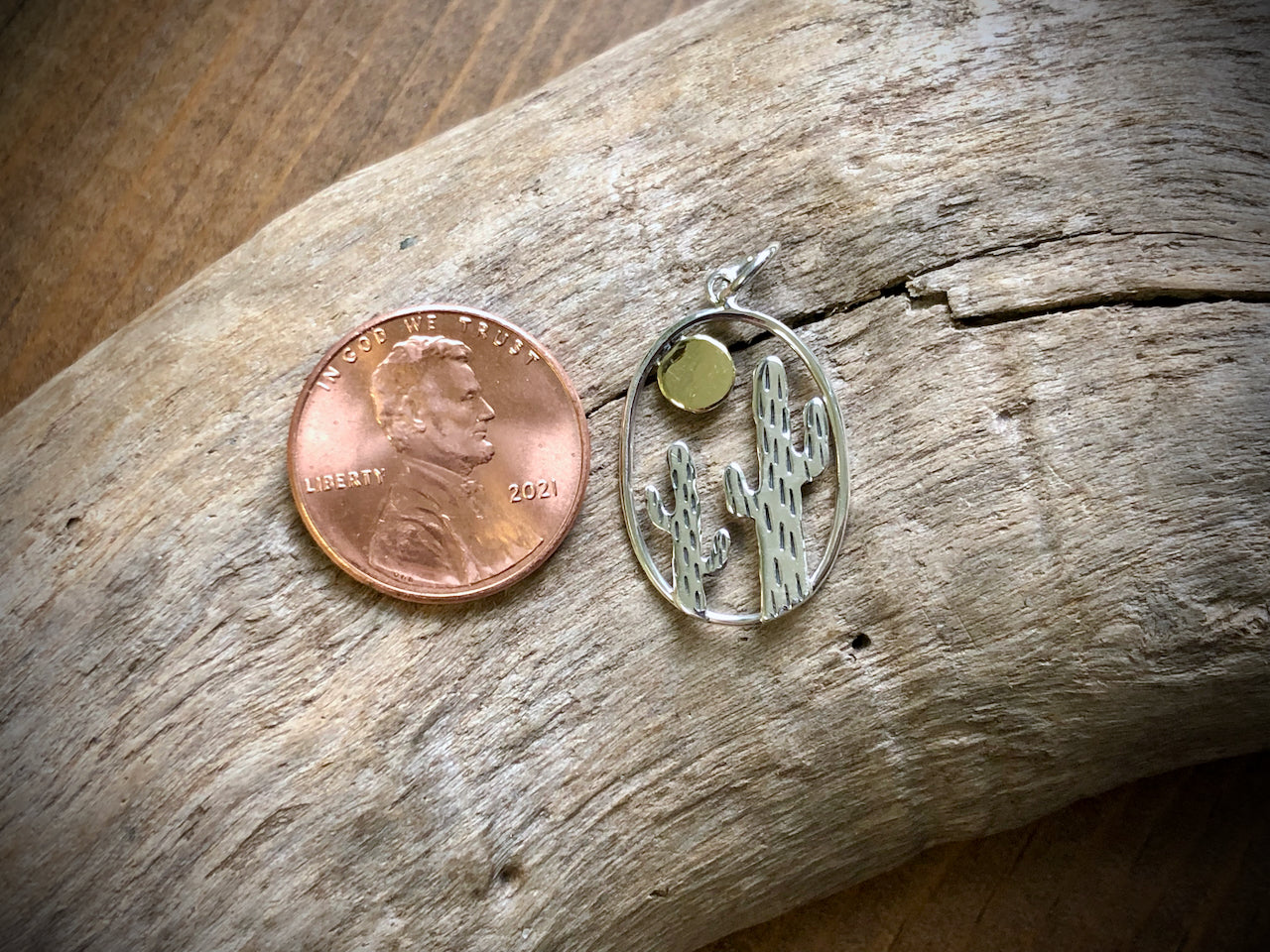 Sterling Cactus Pendant in Oval Frame w/ Bronze Sun