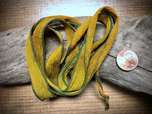 Side-Stitched Silk Ribbon - Green-Ochre Ombre