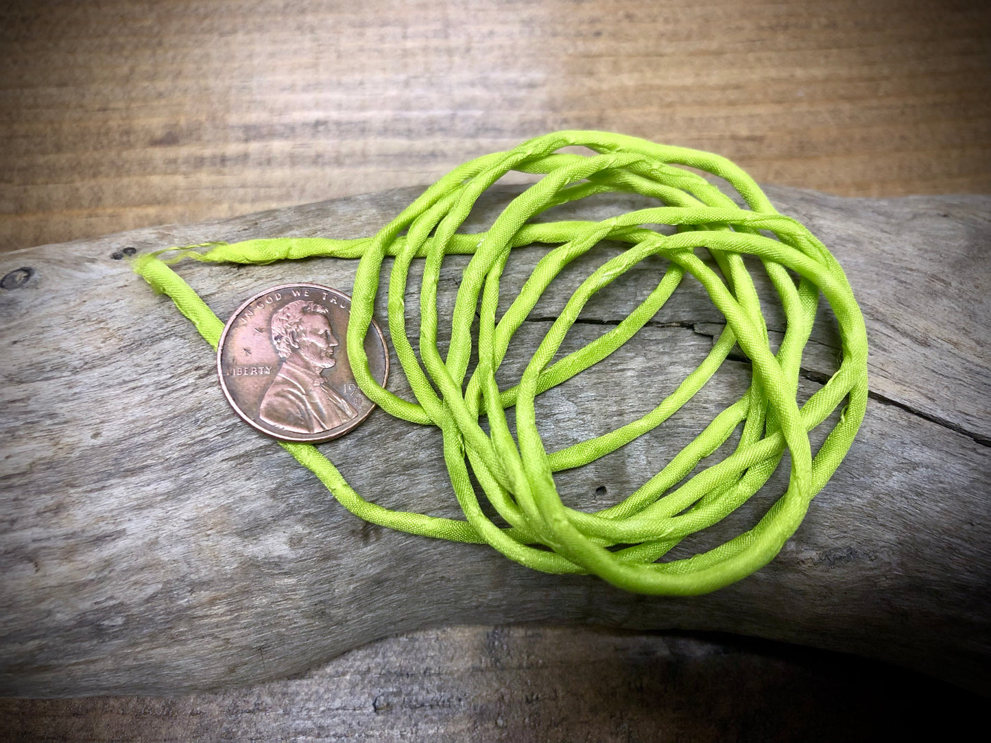 Tubular Stitched Silk Ribbon - Lime Green