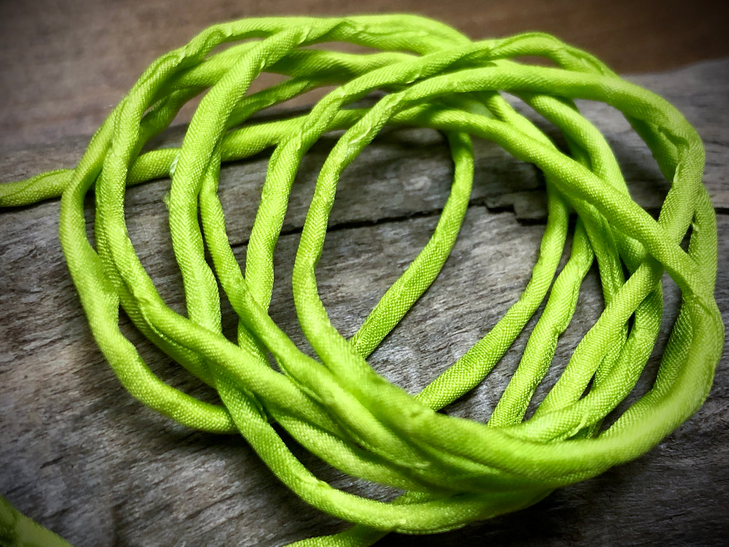 Tubular Stitched Silk Ribbon - Lime Green