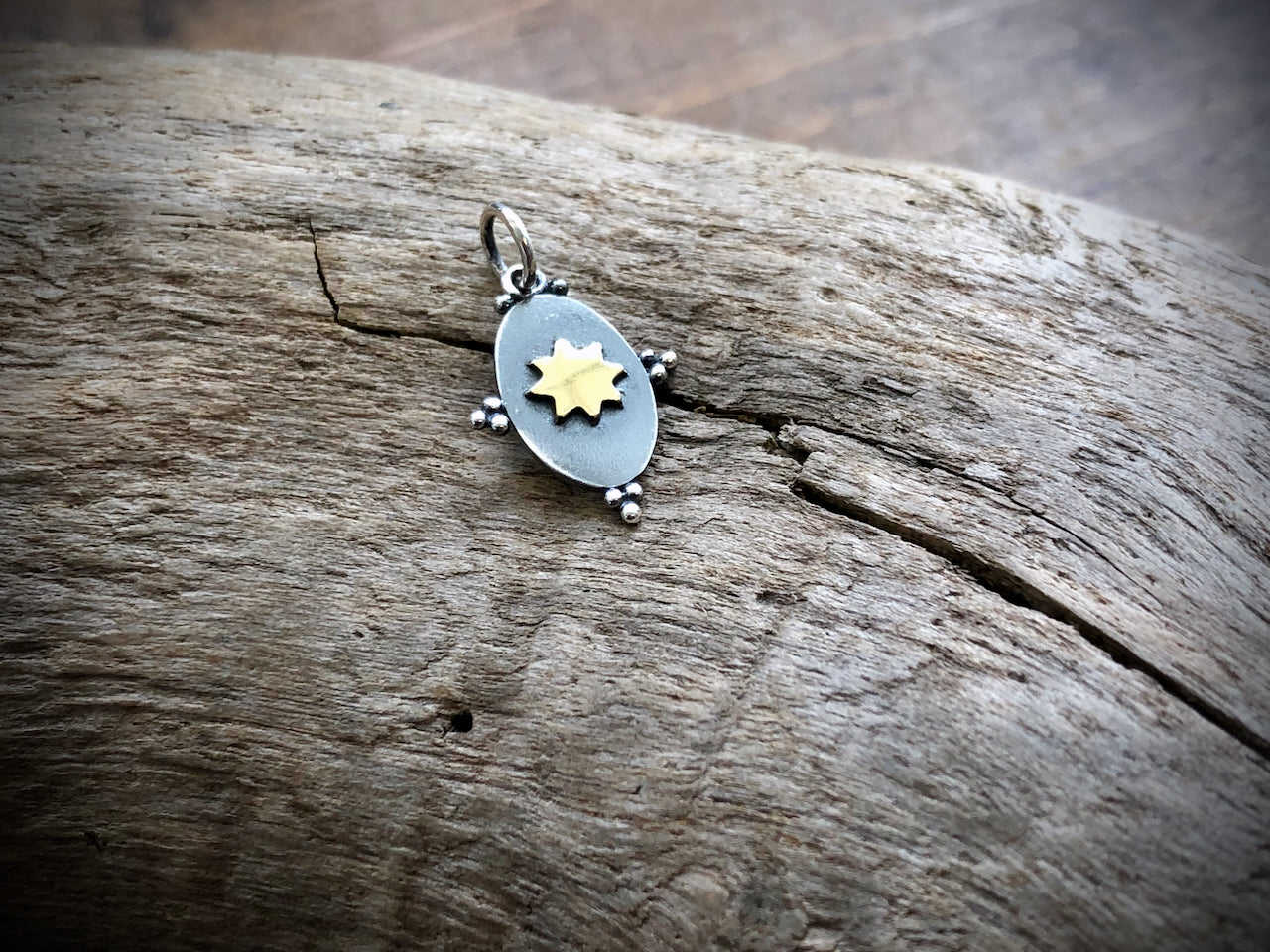 Sterling Oxidized Oval Charm with Bronze Sun