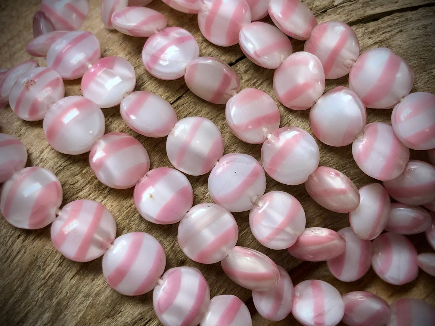 Vintage Glass Strand - Pink and White Striped Coins - 19"