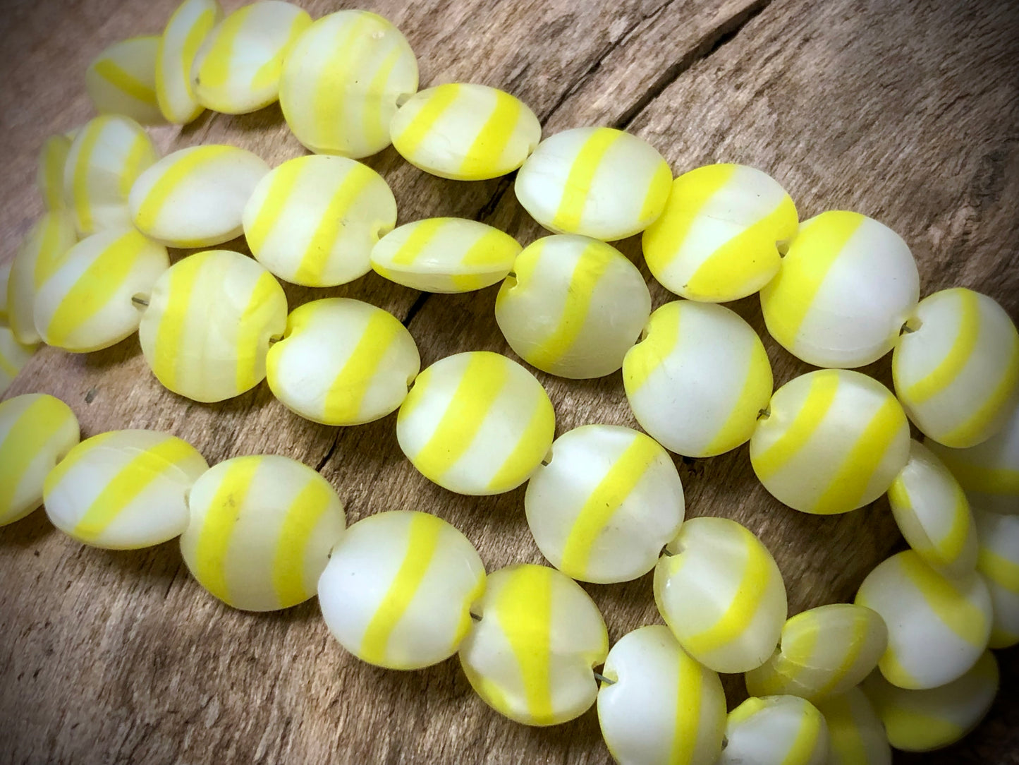 Vintage Glass Strand - Matte Yellow and White Striped Coins - 16"