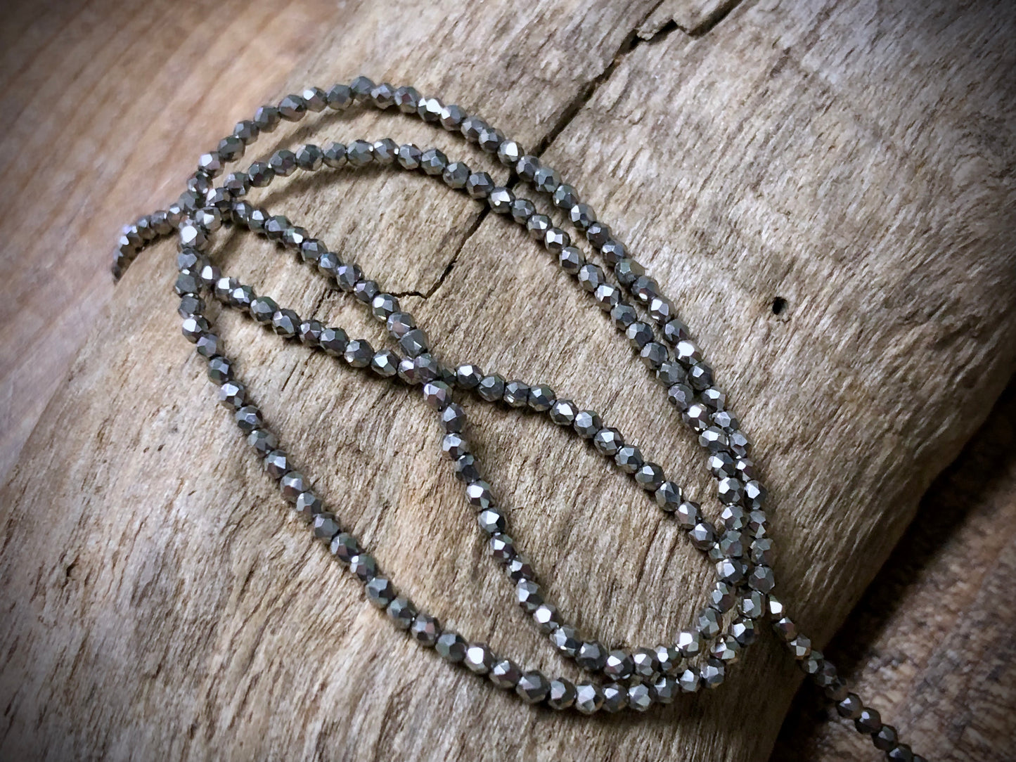 Thunder Polish Glass Faceted Rounds Strand - Silver - 2mm - 14”