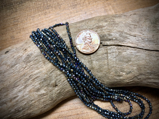 Thunder Polish Glass Faceted Rounds Strand - Jet Black AB - 2mm - 14”