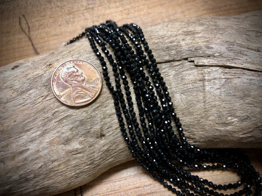 Thunder Polish Glass Faceted Rounds Strand - Jet Black - 2mm - 14”