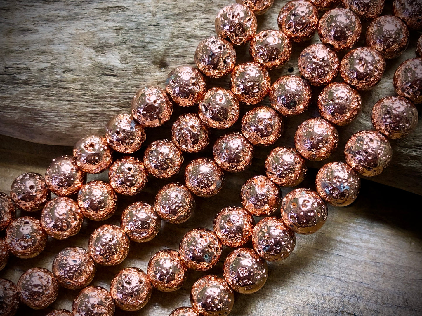 Electro-Coated Lava Bead Strand - Rose Gold - 8mm - 8”