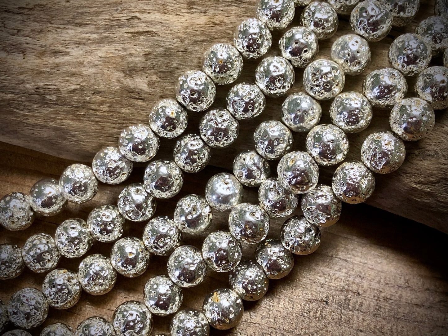 Electro-Coated Lava Bead Strand - Silver - 8mm - 8”