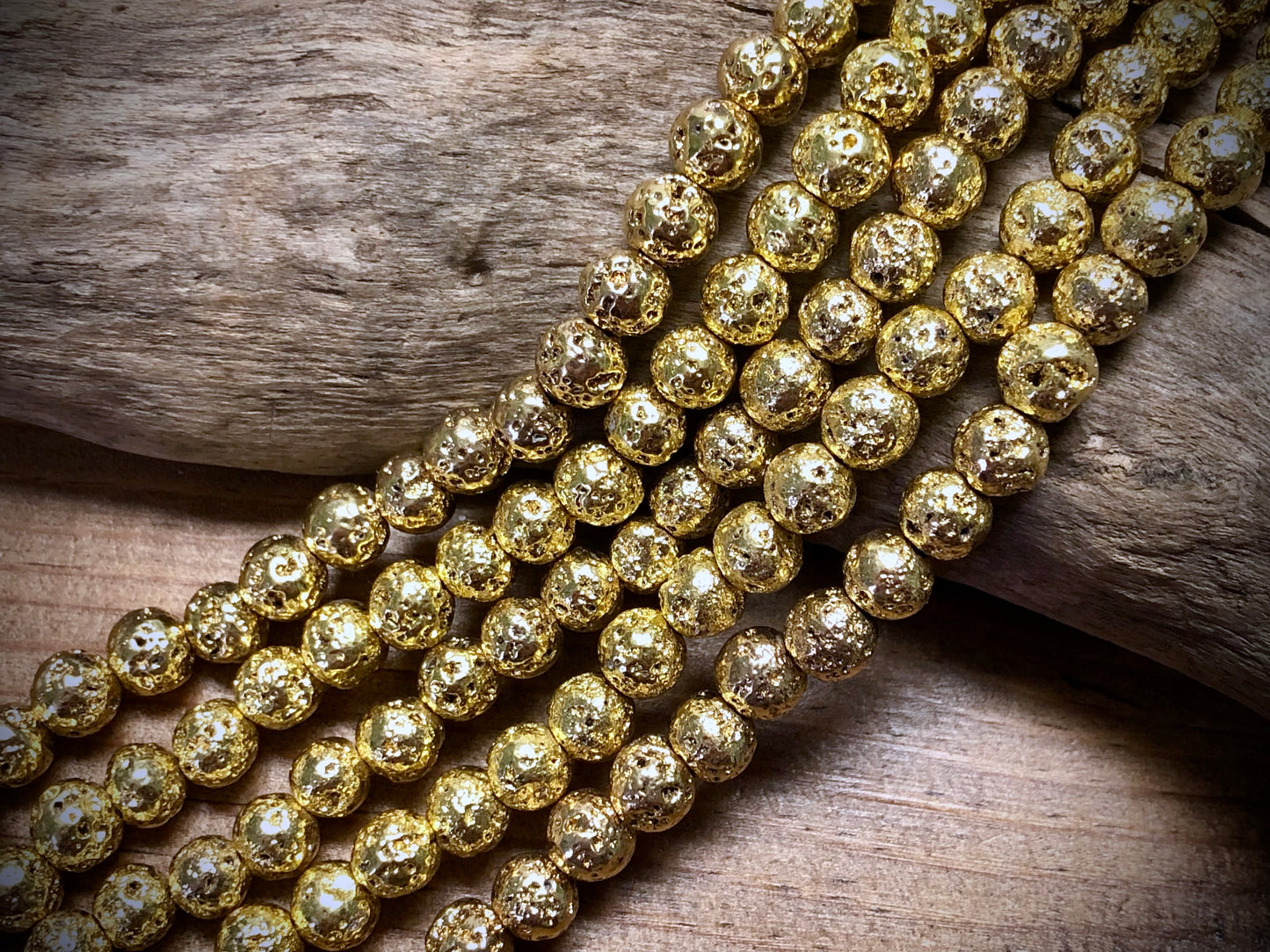 Electro-Coated Lava Bead Strand - Yellow Gold - 6mm - 8”