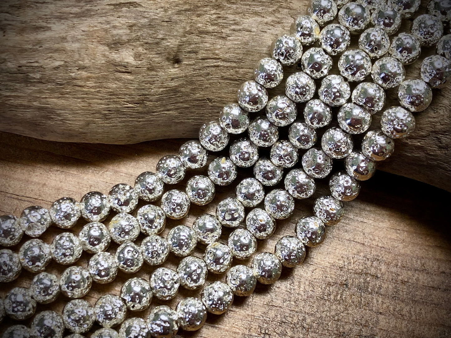 Electro-Coated Lava Bead Strand - Silver - 6mm - 8”