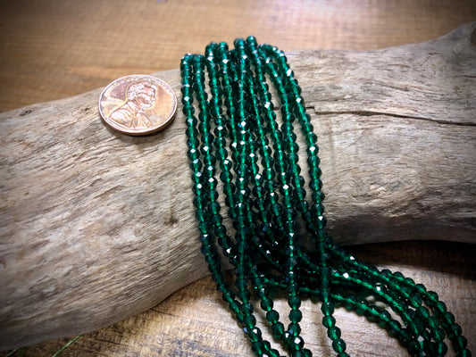 Thunder Polish Glass Faceted Rounds Strand - Emerald Green - 3mm - 14”