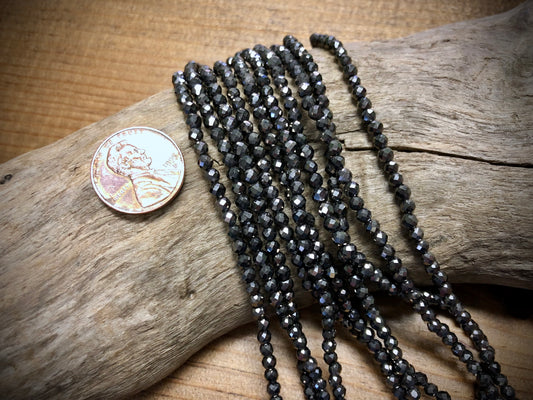 Thunder Polish Glass Faceted Rounds Strand - Hematite - 3mm - 14”