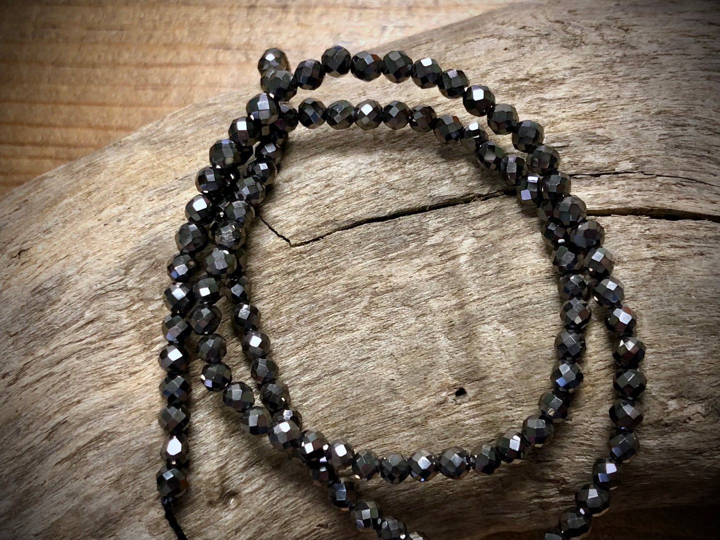 Thunder Polish Glass Faceted Rounds Strand - Hematite - 3mm - 14”