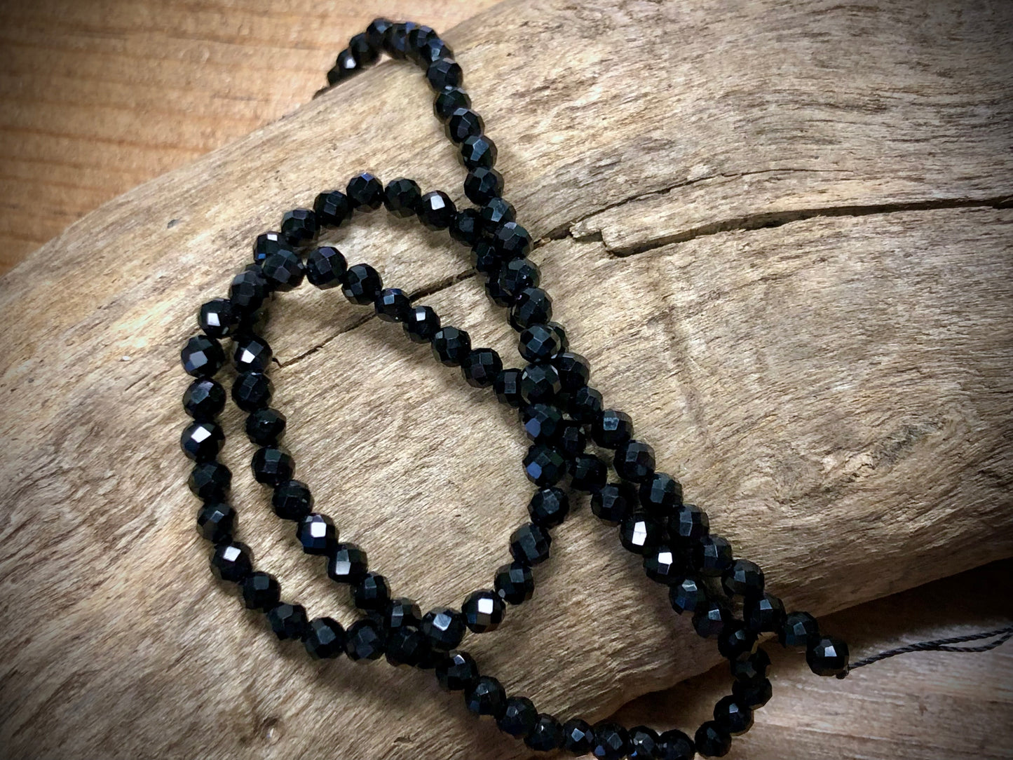 Thunder Polish Glass Faceted Rounds Strand - Jet Black - 3mm - 14”