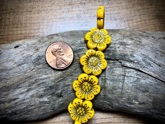 Yellow Opaque Wild Rose with Gold Wash Pressed Czech Glass Beads