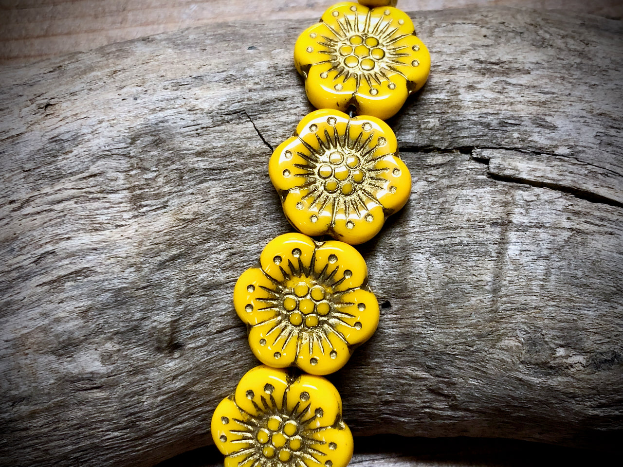Yellow Opaque Wild Rose with Gold Wash Pressed Czech Glass Beads