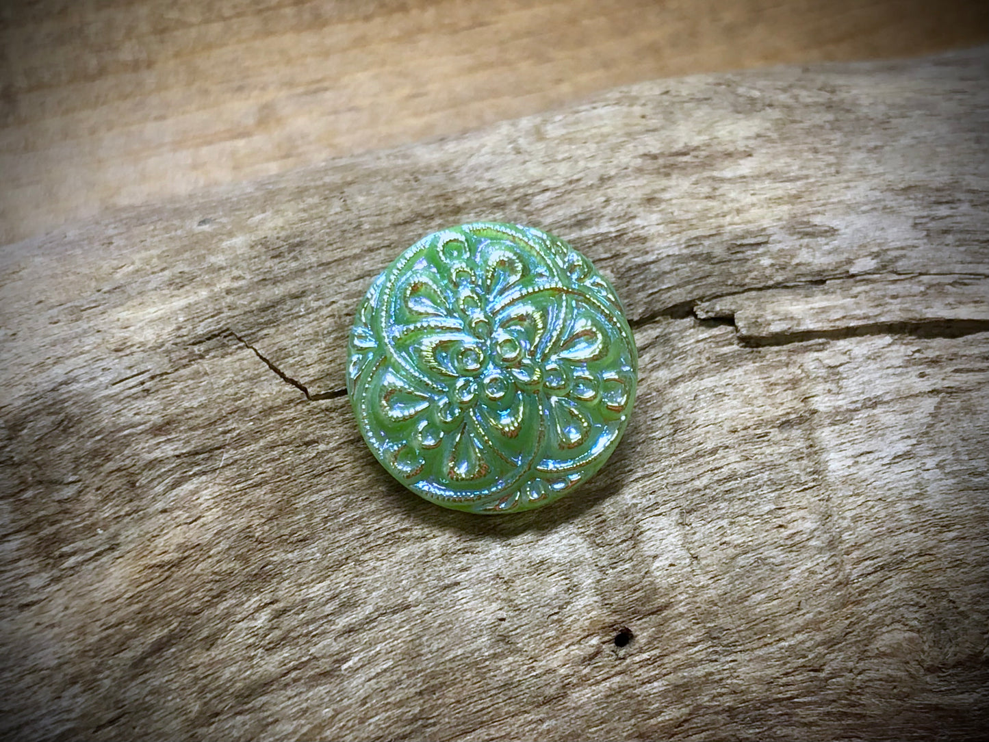 Czech Glass Shank Button - Green Mandala - 18mm